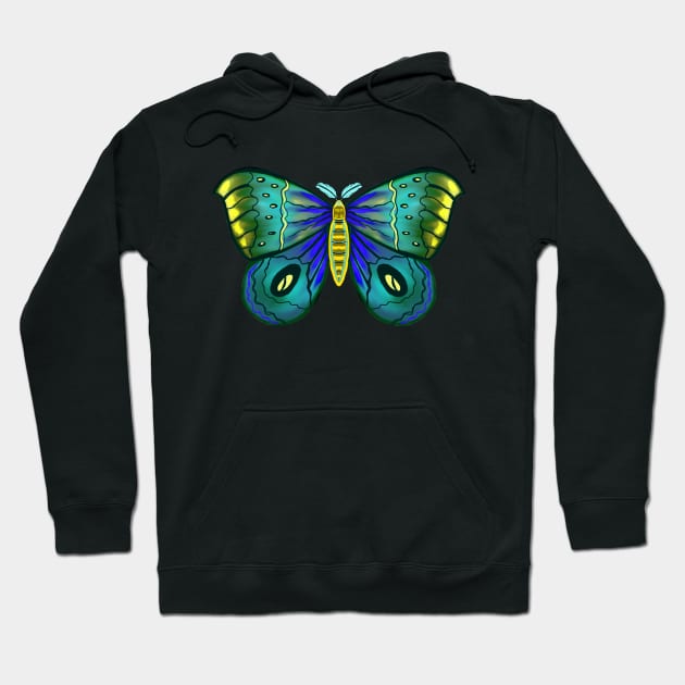 Colorful Bright Neon Yellow Green Blue Moth Hoodie by galaxieartshop